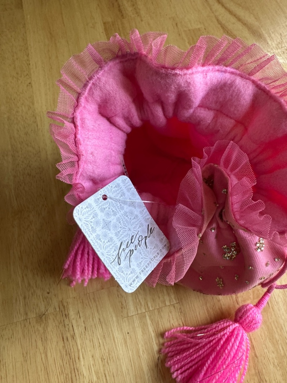 Free People Pink Ruffled Tassel Drawstring Pouch - Picture 3 of 5